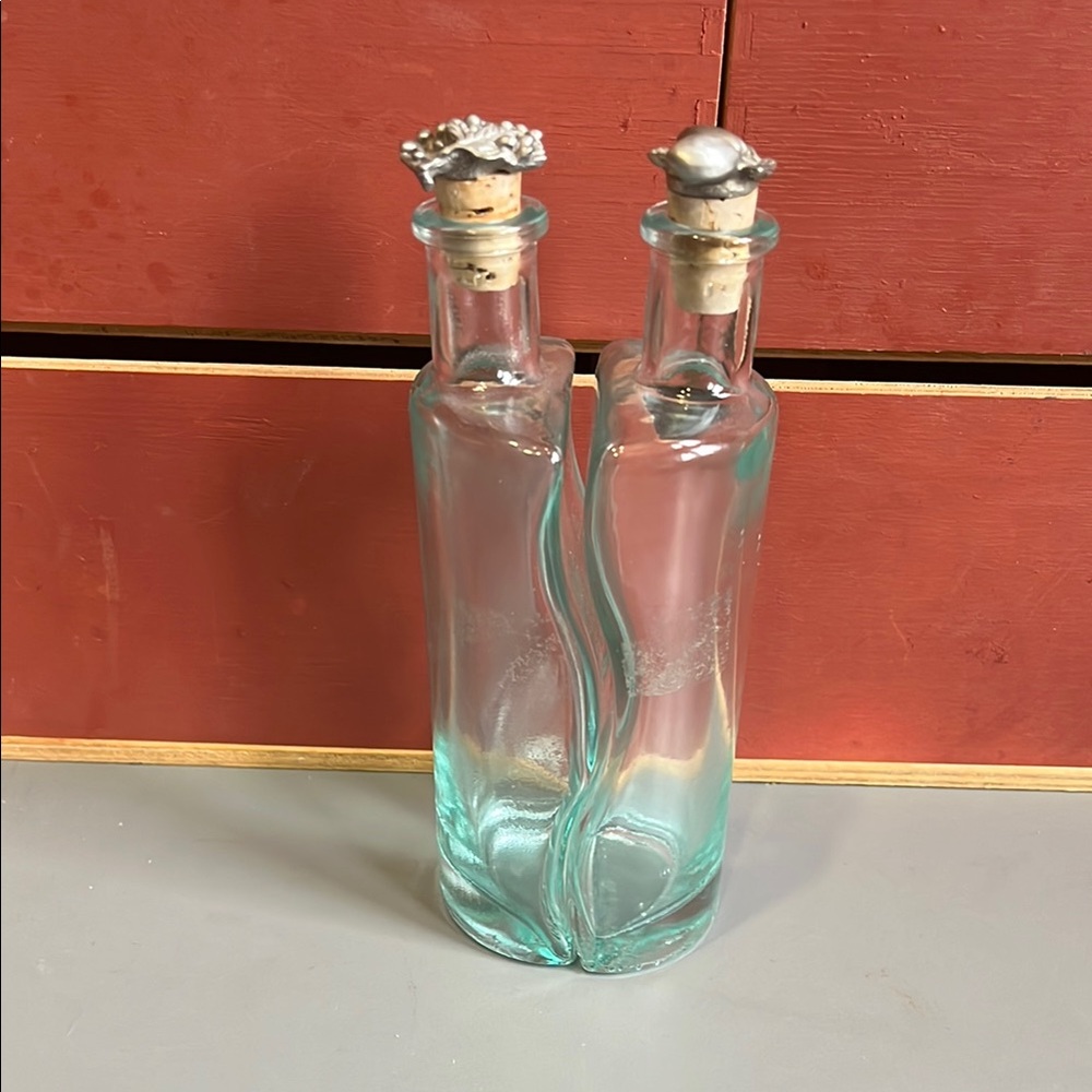 Vintage Glass oil and vinegar Bottles with pewter topped Cork Stoppers